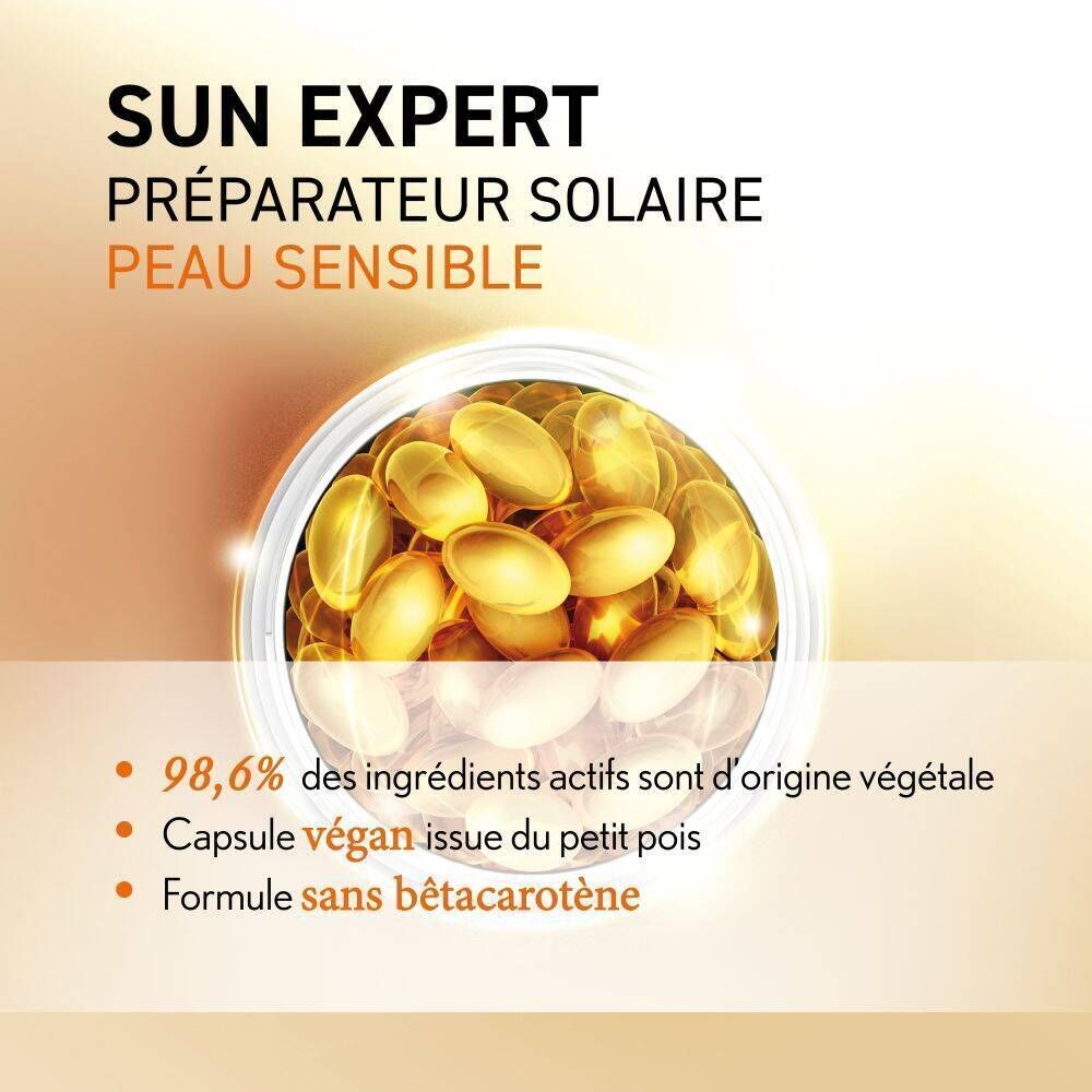 Sun Expert Préparateur Solaire pour peau sensible. Capsules végétales à 98,6% d'ingrédients actifs.