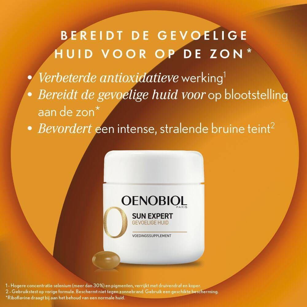 Oenobiol Sun Expert voedingssupplement potje met één capsule ernaast.