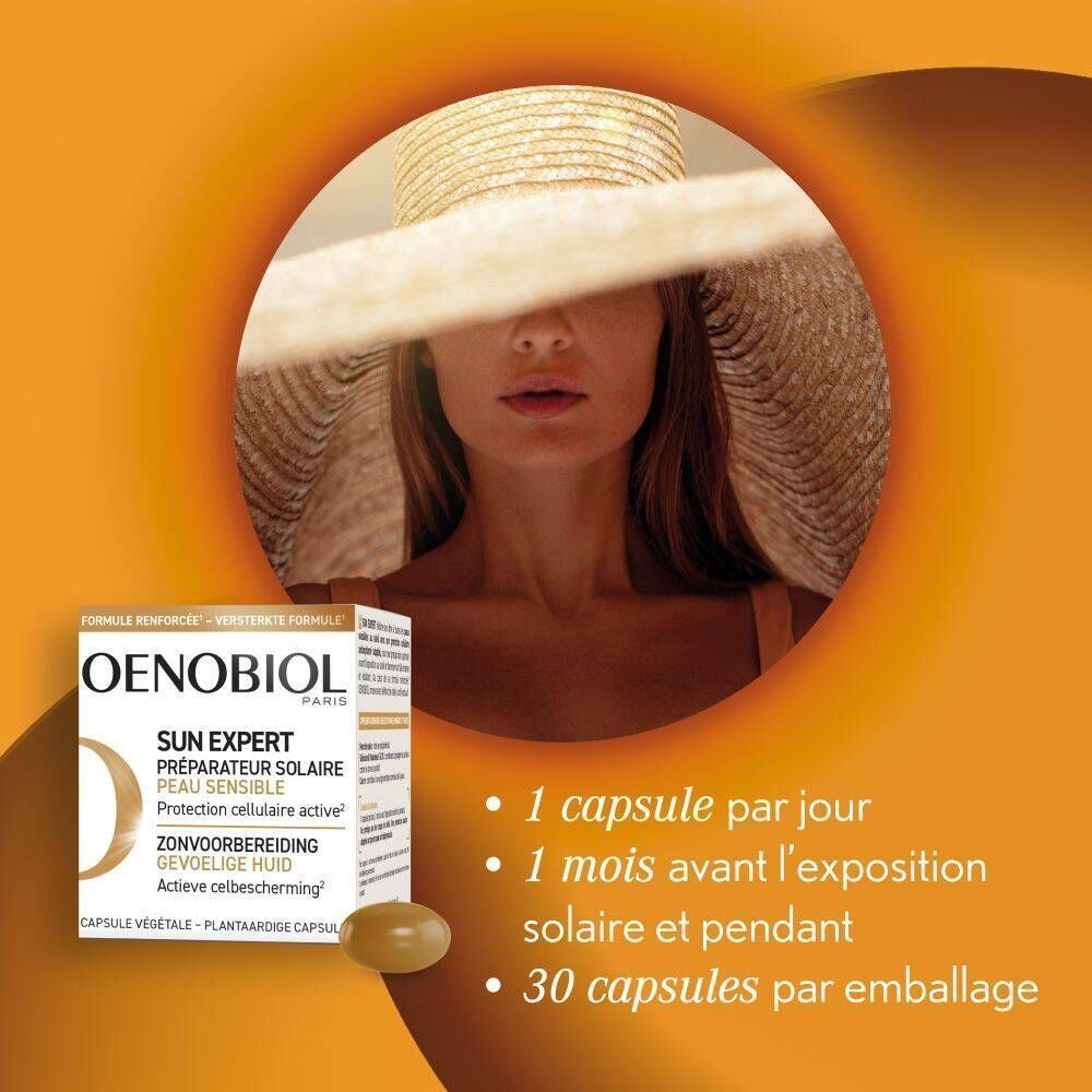Oenobiol Sun Expert préparateur solaire pour peau sensible, 30 capsules végétales.