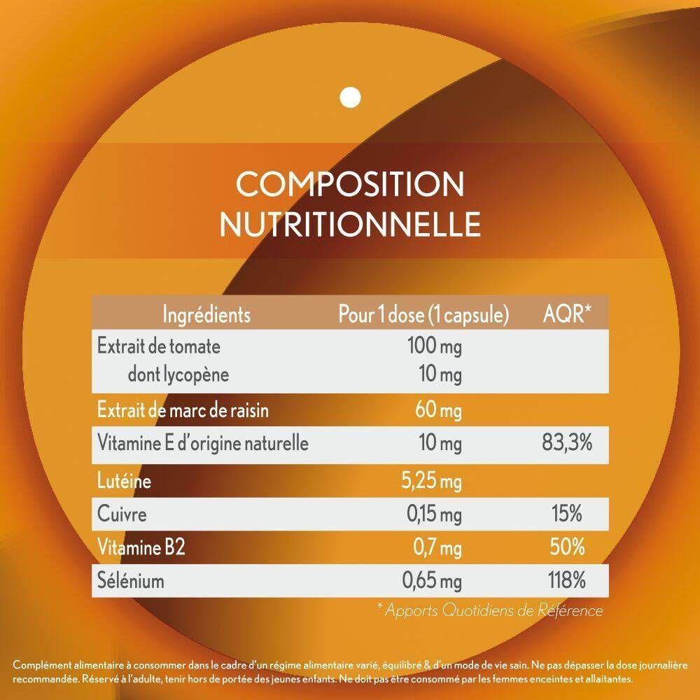 Informations nutritionnelles pour capsules: extrait de tomate, pépins de raisin, vitamines, lutéine, cuivre, sélénium.