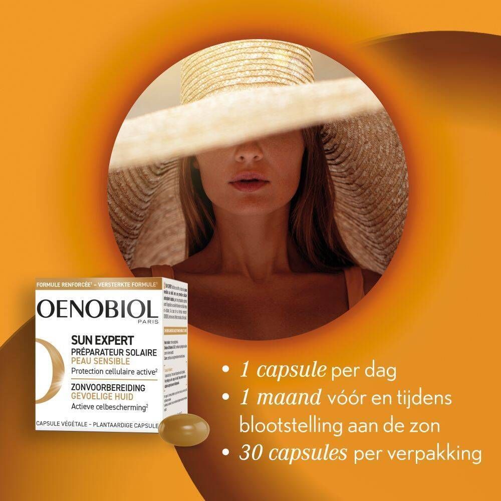 OENOBIOL SUN EXPERT verpakking met capsules. Vrouw met hoed.