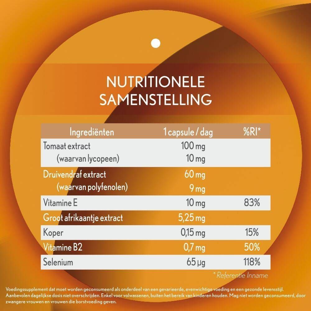 Voedingswaarde-informatie voor capsules: Tomatenextract, Vitamine E, Koper, Selenium.