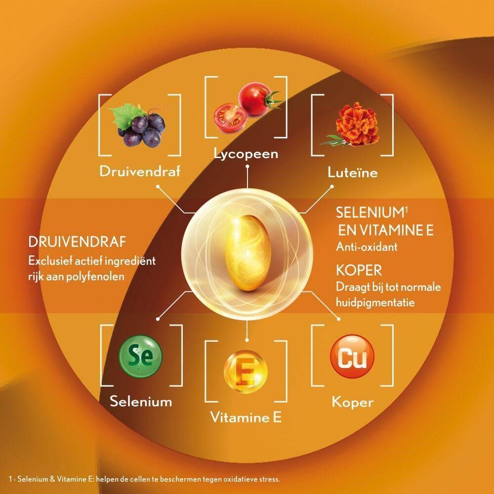 OENOBIOL Sun Expert pot met capsule. Tekst: Voedingssupplement. Gele achtergrond.