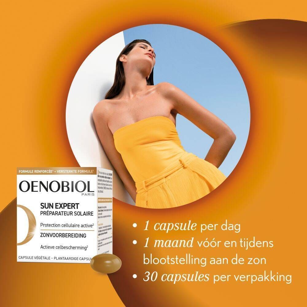 OENOBIOL Sun Expert pot met capsules. Tekst: 98,9% actieve ingrediënten van plantaardige oorsprong.