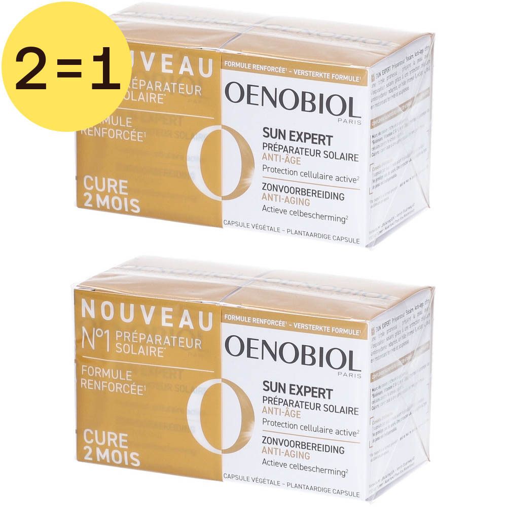 Twee dozen Oenobiol Sun Expert Anti-Aging. Opschrift: 2=1. Capsules.
