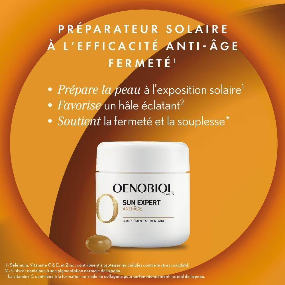 Pot blanc de capsules Oenobiol Sun Expert Anti-Age avec inscription.