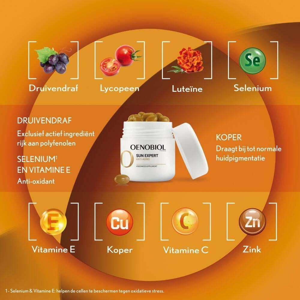 Oenobiol Sun Expert capsules met druivenpitextract, lycopeen, luteïne, selenium, vitamine E, koper, vitamine C, zink.
