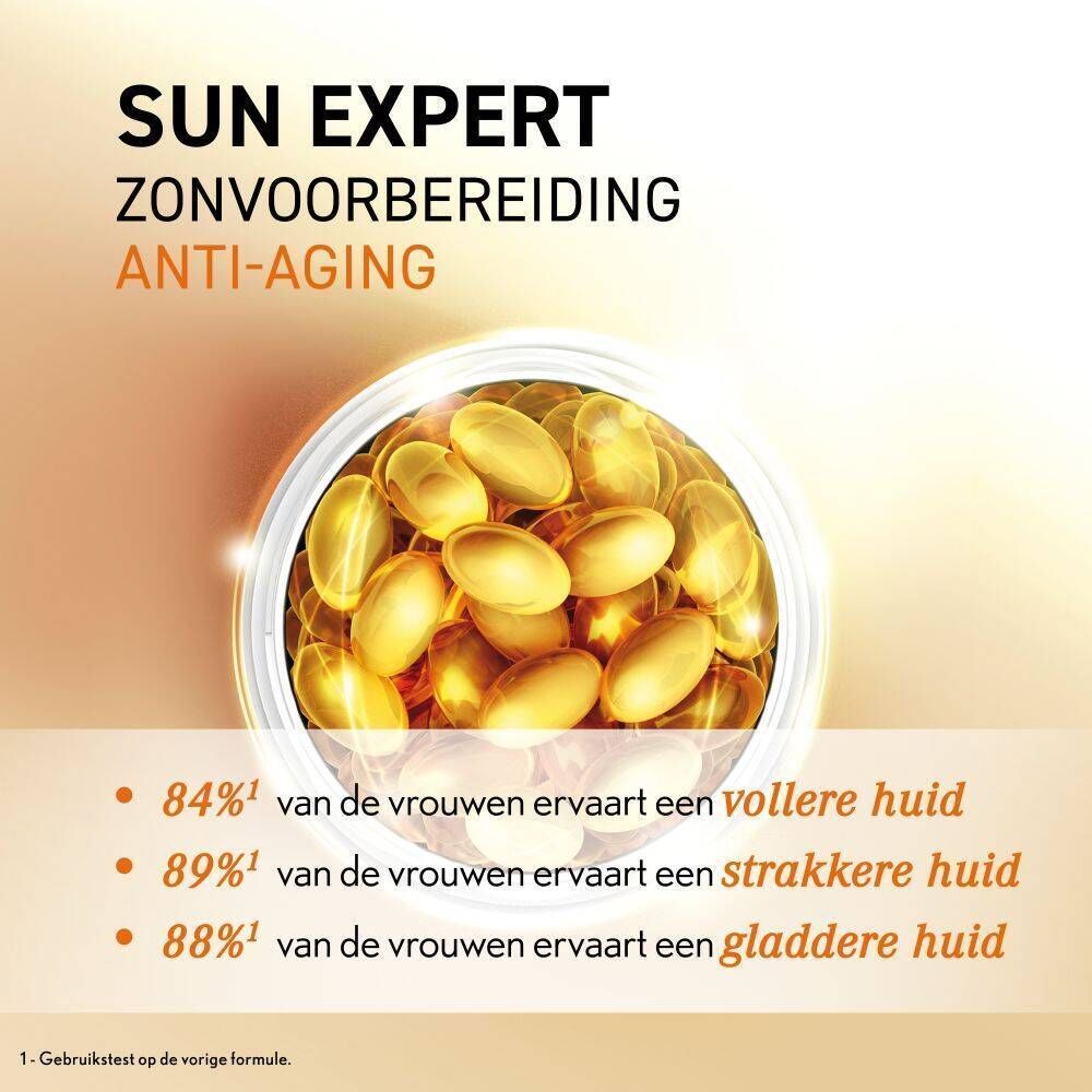 Gouden capsules in een pot, Sun Expert Anti-Aging.