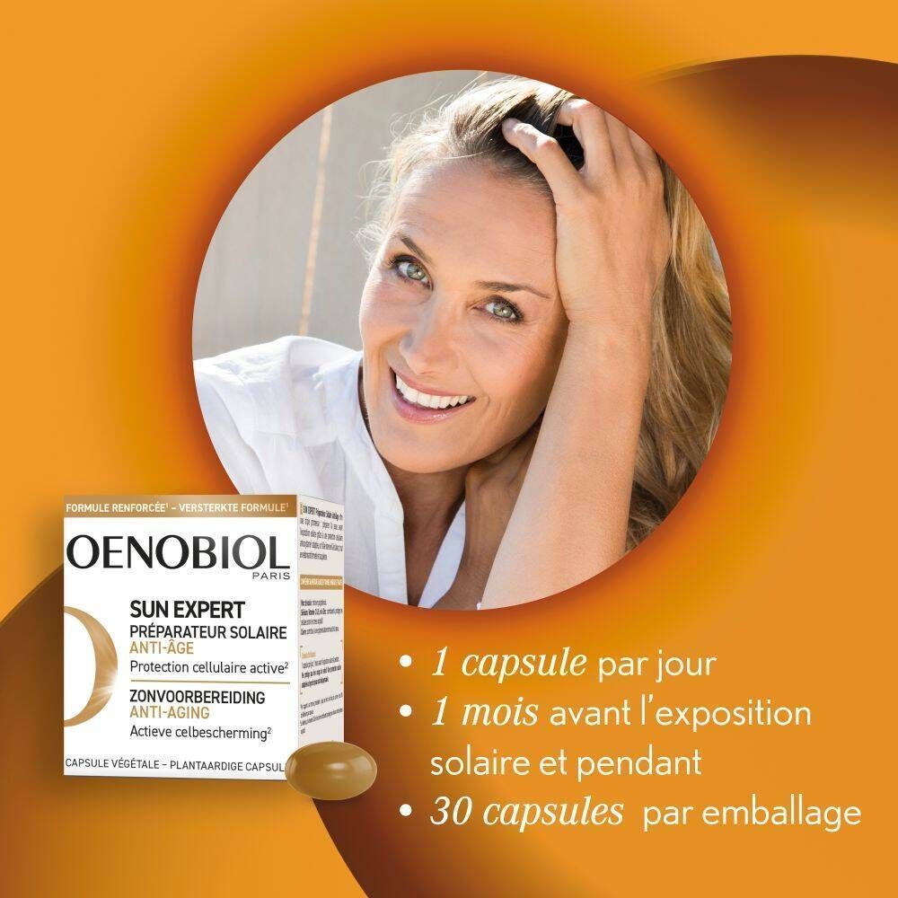 Oenobiol Sun Expert capsules pour préparer la peau au soleil. Contient 30 capsules.
