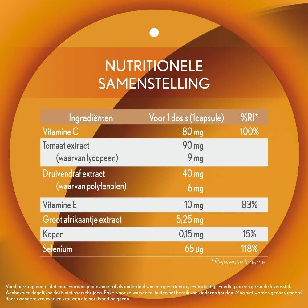 Voedingswaardentabel voor een voedingssupplement met vitamine C, tomatenextract, druivenpitextract, vitamine E, koper en selenium.