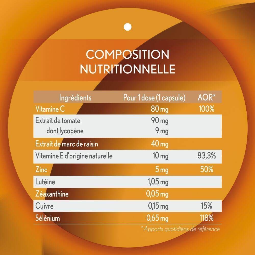 Informations nutritionnelles pour capsules: Vitamine C, Extrait de tomate, Zinc, Lutéine, Sélénium.