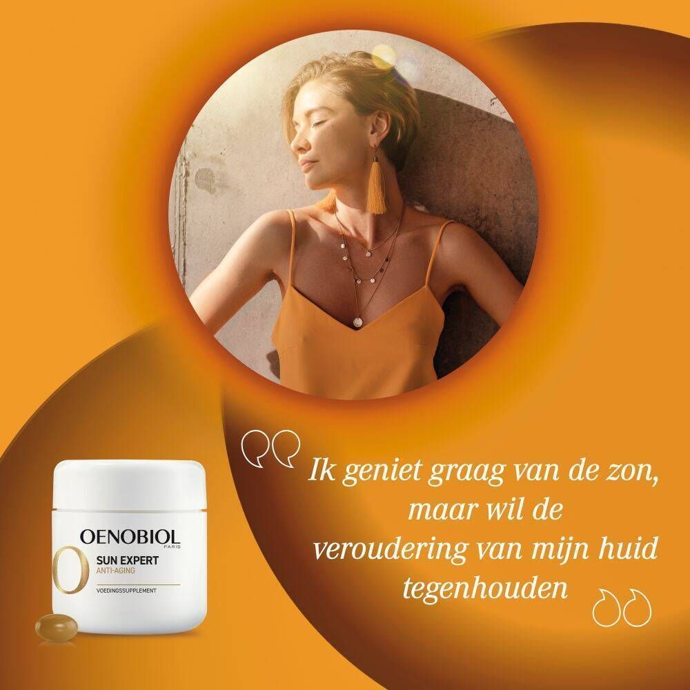 OENOBIOL SUN EXPERT pot met capsules. Vrouw in zonlicht.