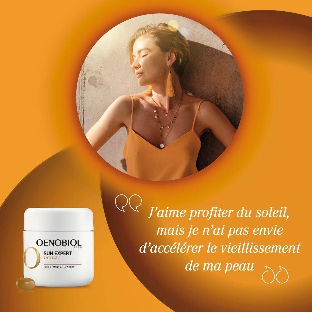 Oenobiol Sun Expert capsules pour l'exposition au soleil. Pot blanc avec une capsule.