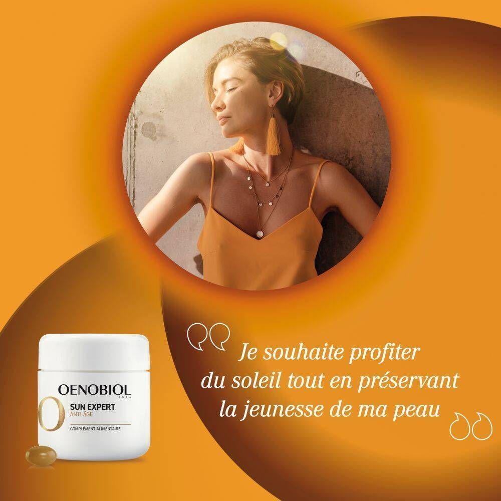 Oenobiol Sun Expert Gélules: Pot avec une gélule et une femme au soleil.