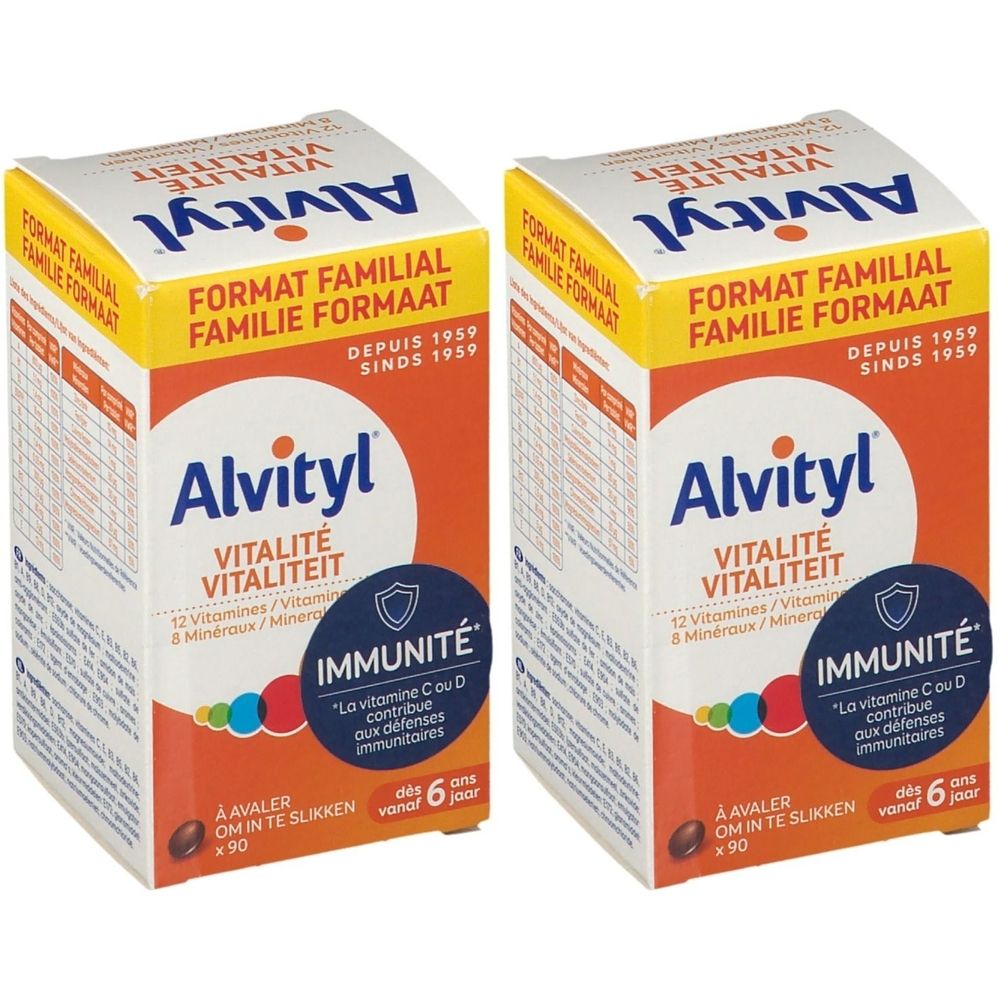 Deux boîtes Alvityl Vitalité Multivitamine. Boîtes oranges avec nom et logo du produit. Contient 90 comprimés.