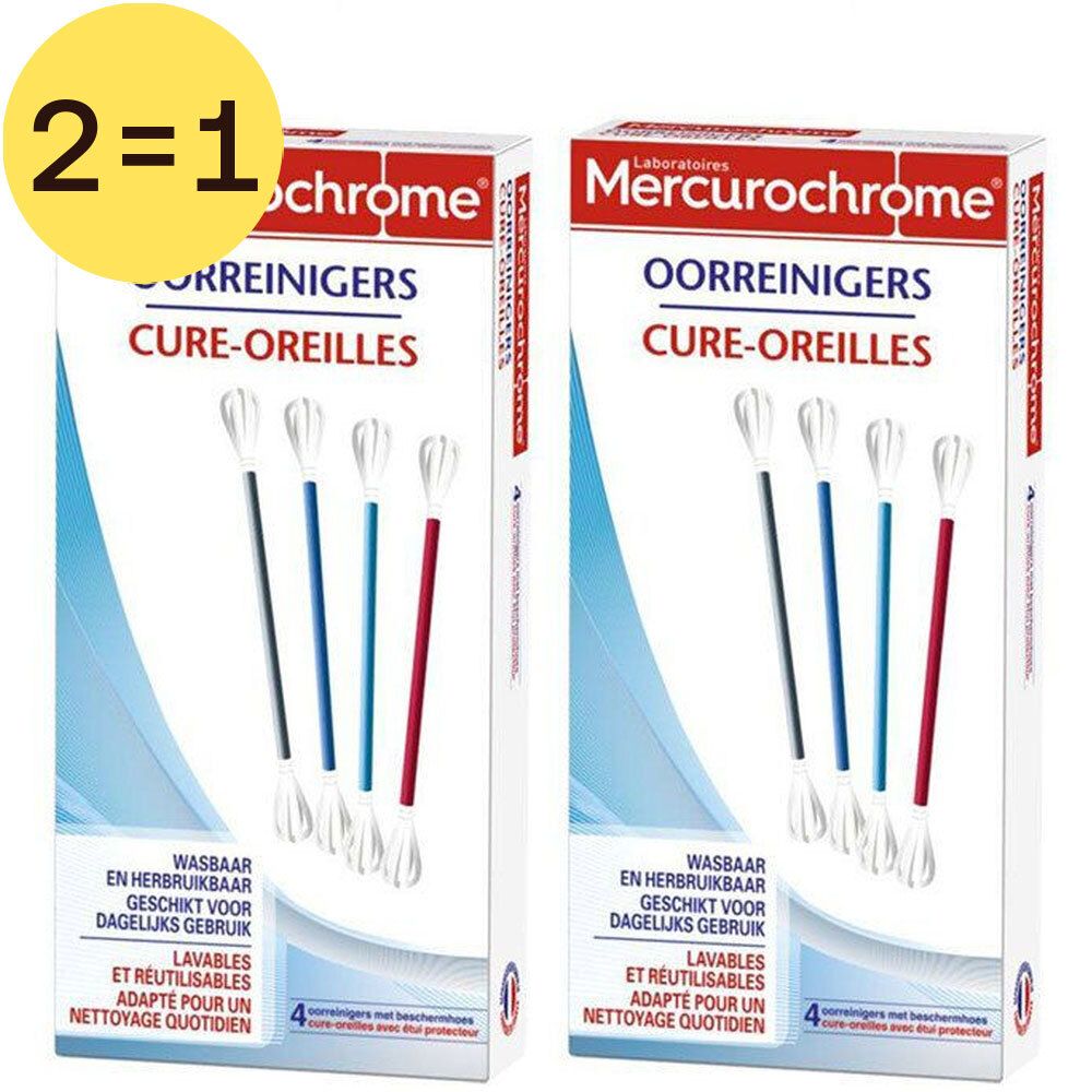 Deux boîtes de Cure-Oreilles 2 pour 1. Chaque boîte montre des cure-oreilles avec des tiges colorées.