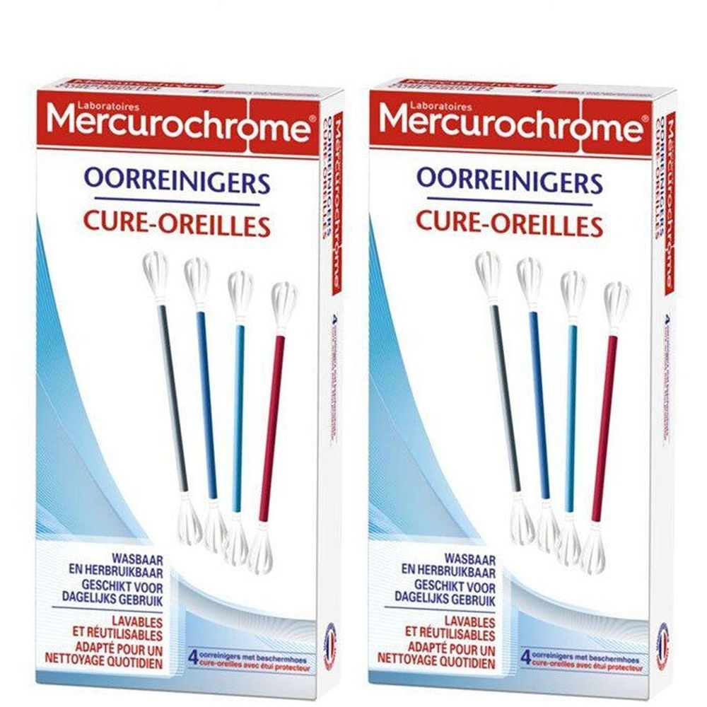 Deux boîtes de Cure-Oreilles 2 pour 1. Chaque boîte montre des cure-oreilles avec des tiges colorées.