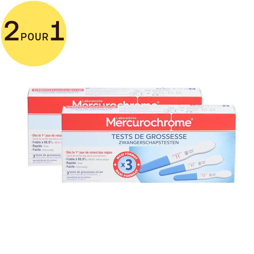 Deux boîtes de tests de grossesse. Inscription: Mercurochrome, Tests de Grossesse, 3 tests. Tests bleus et blancs.