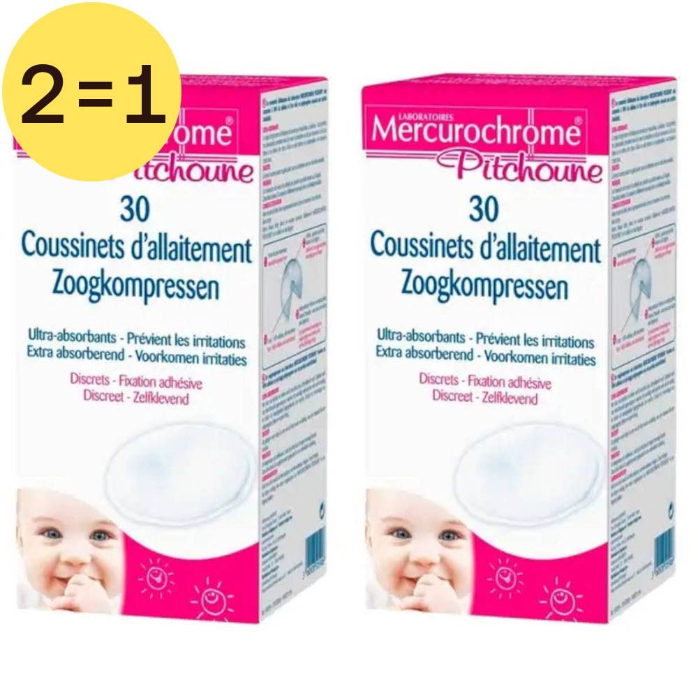 Twee pakken zoogkompressen. Roze verpakking met productnaam en babygezicht. 2=1-markering.