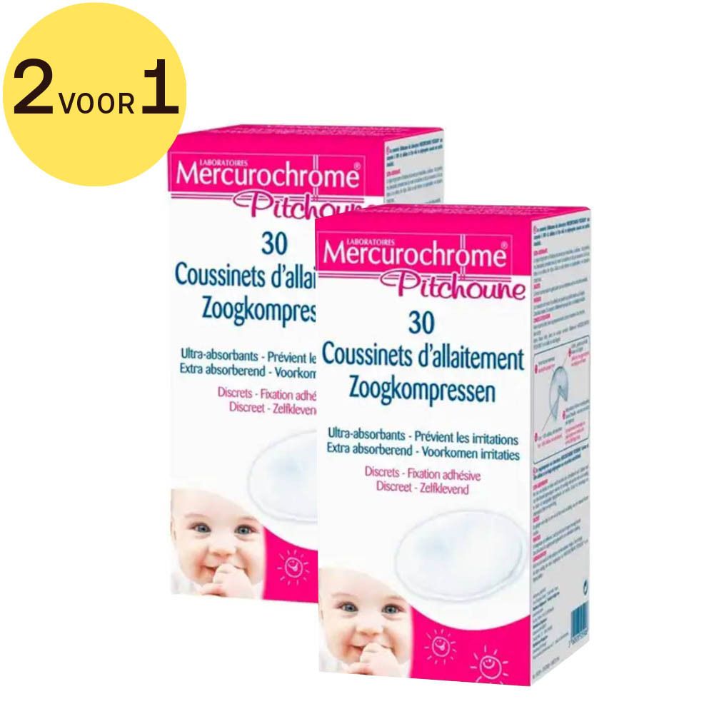 Twee pakken zoogkompressen. Roze verpakking met productnaam en babygezicht. 2 voor 1-markering.