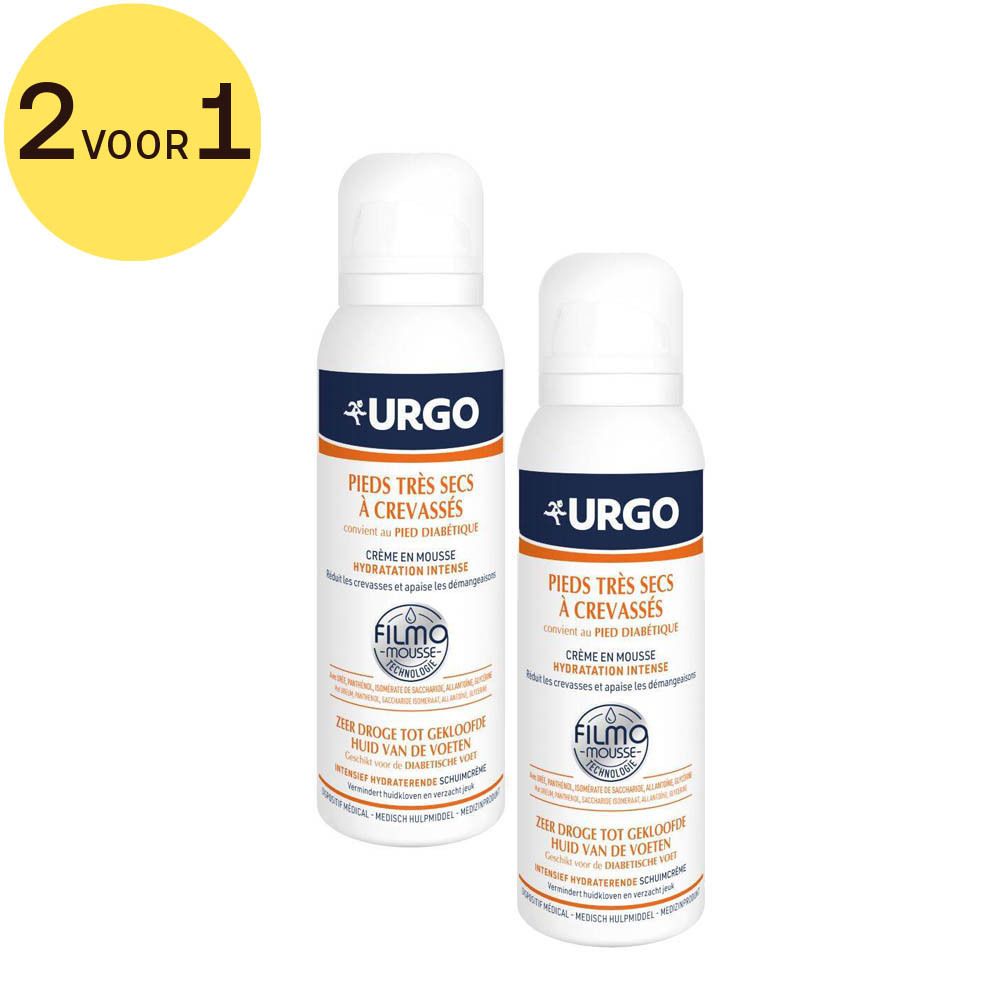 Twee witte spuitbussen met oranje en blauwe etiketten. Opschrift: URGO, Zeer droge voeten met kloven, Filmo-Mousse technologie. 2 voor 1.