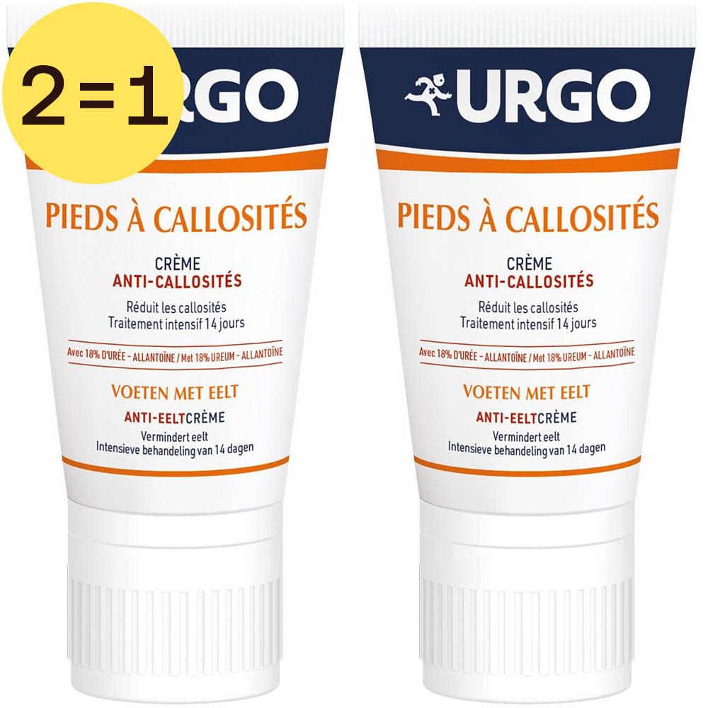 Twee crèmetubes. Opschrift: URGO, PIEDS À CALLOSITÉS, ANTI-EELTCRÈME. Geel etiket: 2=1.