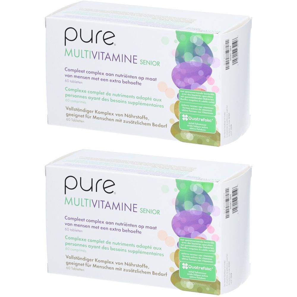 Deux boîtes de Pure Multivitamine Senior. Boîtes blanches avec nom et texte du produit. Éléments de design vert-violet. 60 comprimés.