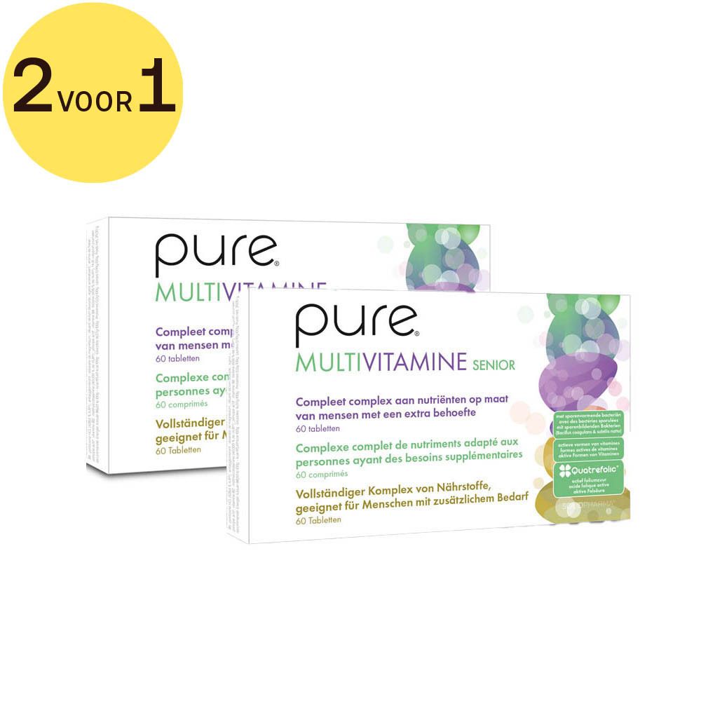 Pure Multivitamine Senior verpakking. Witte doos met productnaam en tekst. Groen-paarse designelementen. 60 tabletten. Gele cirkel met '2 voor 1'.