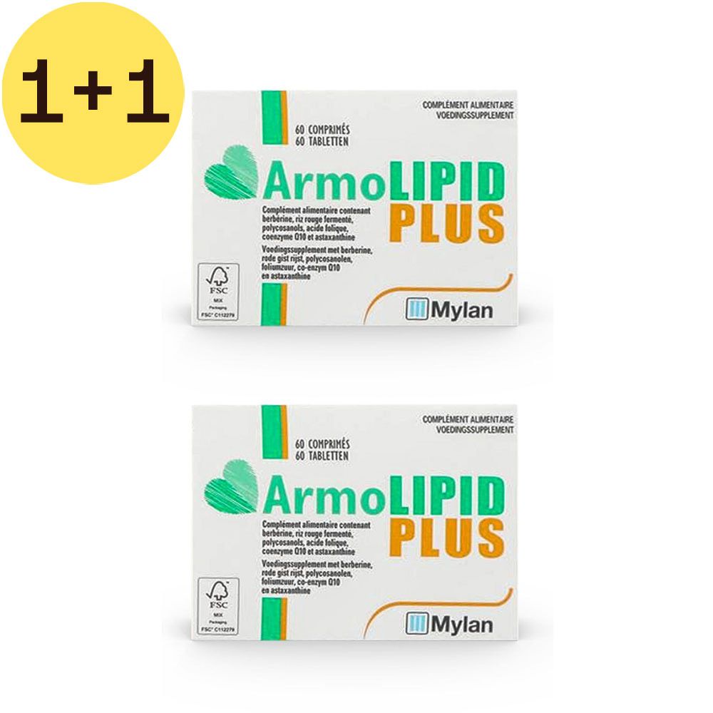 Twee dozen ArmoLIPID PLUS. Opschrift: 60 tabletten. Gele cirkel met "1+1". Mylan logo. FSC-certificering.