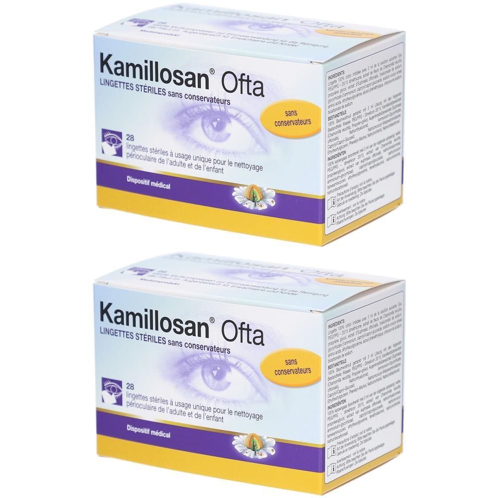 Deux boîtes de Kamillosan Ofta. Boîtes blanches avec des accents violets et jaunes. Inscription: Kamillosan Ofta, 28 lingettes stériles, sans conservateur.