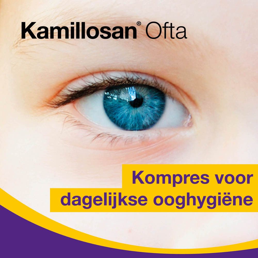 Close-up van een blauw oog met de tekst 'Kamillosan Ofta' en 'Kompres voor dagelijkse ooghigiëne'.