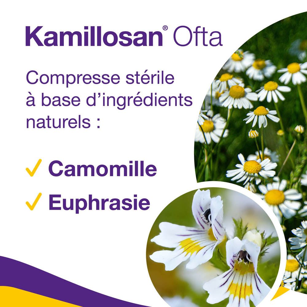 Compresse stérile à base de camomille et d'euphraise.