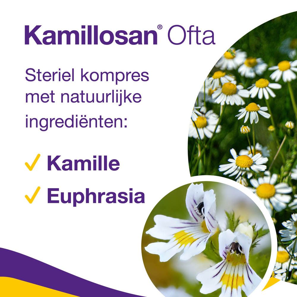 Verpakking Kamillosan Ofta steriele kompressen met kamille en ogentroost.
