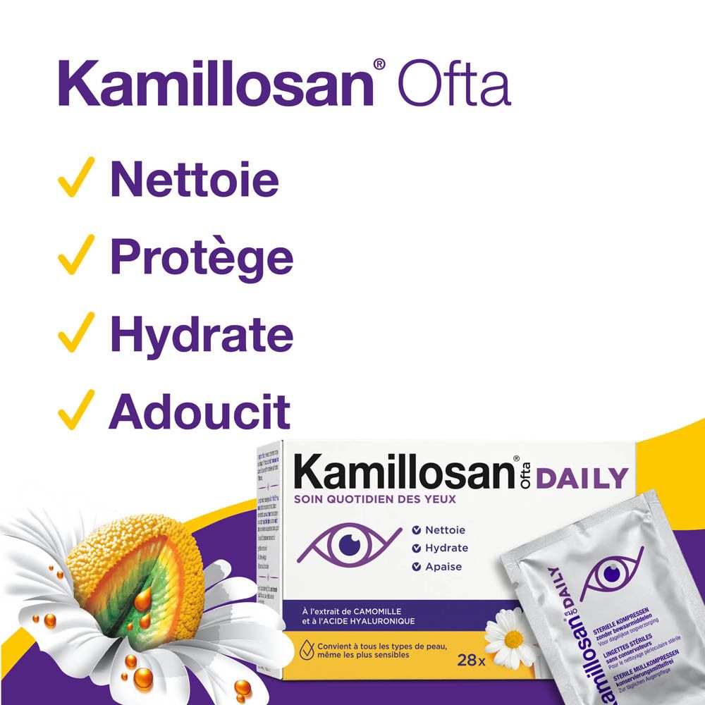 Kamillosan Ofta Daily Soin des yeux : Nettoie, protège, hydrate, adoucit. Contient extrait de camomille et acide hyaluronique.