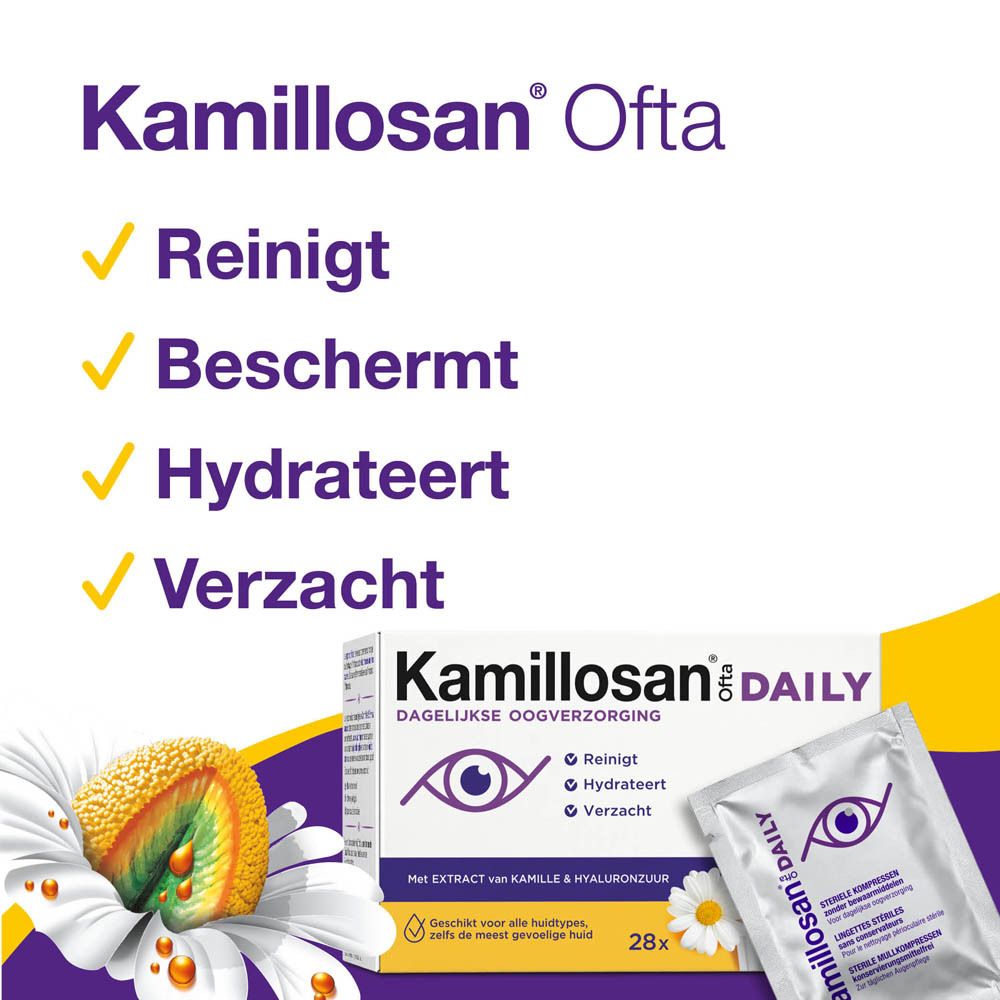 Kamillosan Ofta oogdruppels, 28 enkele doses. Reinigt, beschermt, hydrateert en verzacht.