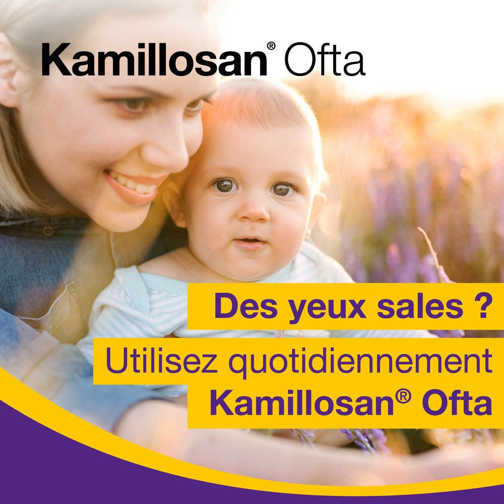 Kamillosan Ofta : mère avec bébé devant un champ de lavande. Texte jaune : "Des yeux sales? Utilisez quotidiennement Kamillosan® Ofta."