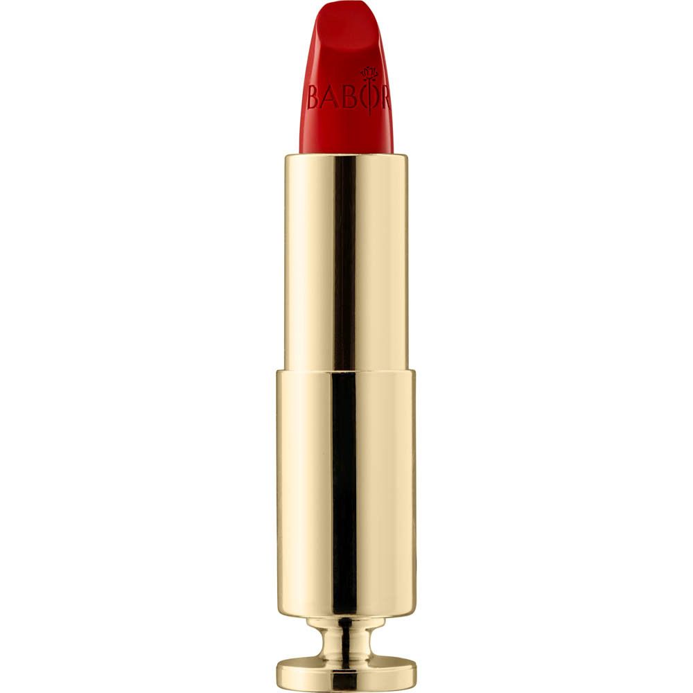 Rouge à lèvres doré avec une pointe rouge. Le rouge à lèvres est ouvert.
