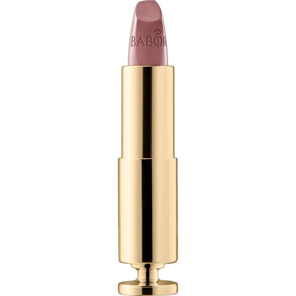 Gouden lipstick met open dop. Zichtbare lipstickkleur: Mauve. Merk Babor.