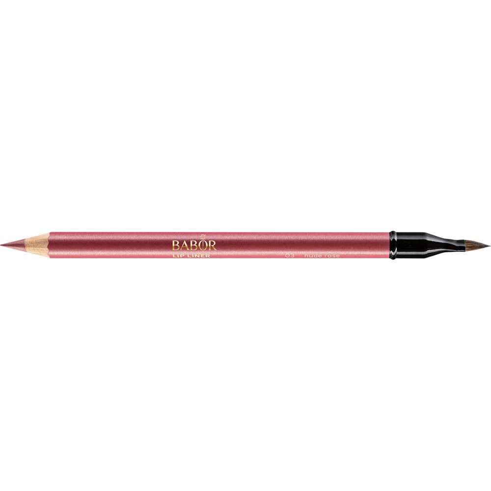 Dubbele lippenstift. Eén puntig uiteinde, de andere met een borstel. Opschrift: BABOR LIP LINER.