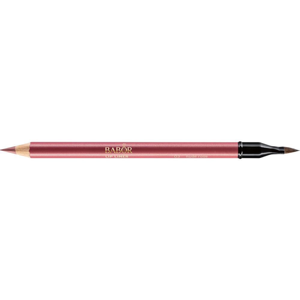 Dubbele lippenstift. Eén puntig uiteinde, de andere met een borstel. Merk: Babor. Kleur: Nude Rose.
