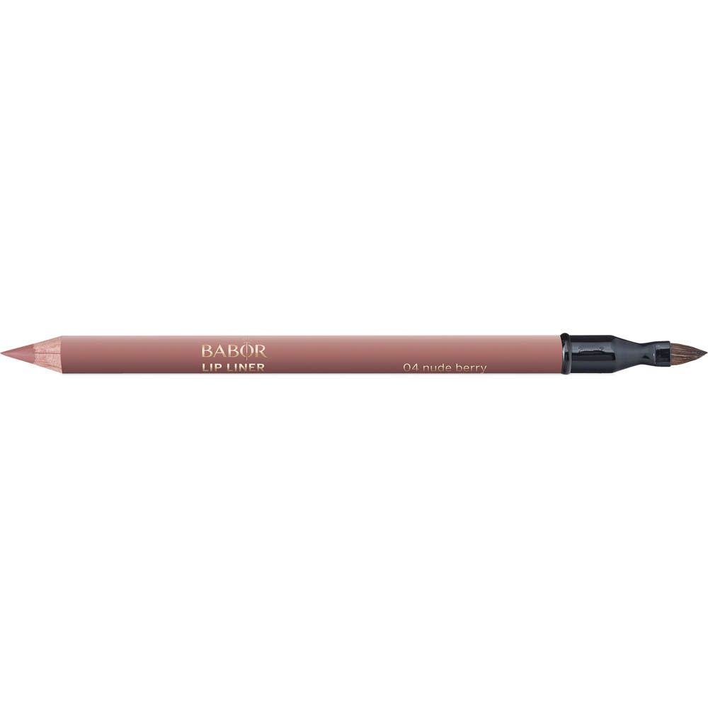 Lippencontourpotlood, lichtbruin. Eén puntig uiteinde, de andere met applicator. Opschrift: Babor Lip Liner 04 Nude Berry.