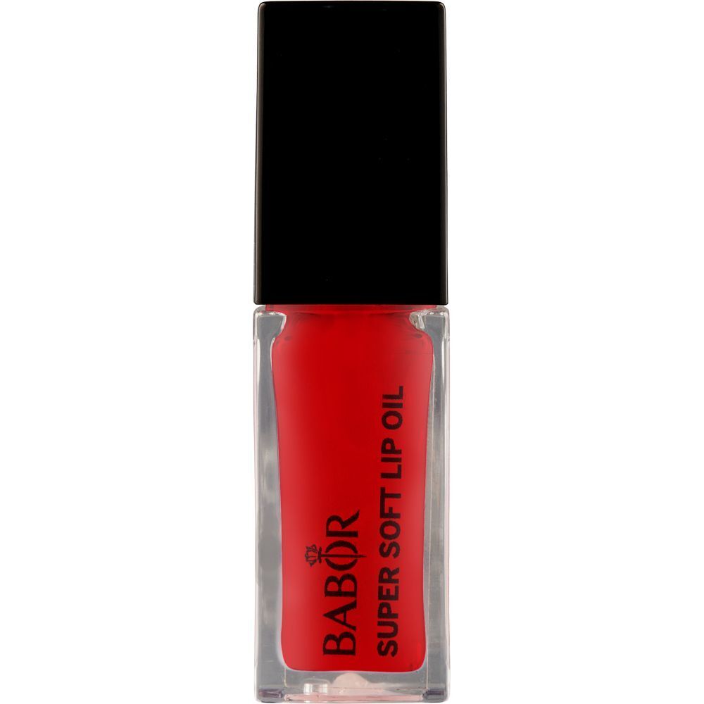 Rode lipolie in een transparante flacon met zwarte dop. Opschrift: BABOR, SUPER SOFT LIP OIL.