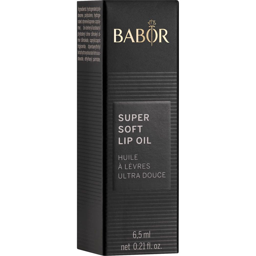 Zwarte verpakking met productinformatie. Opschrift: Babor Super Soft Lip Oil, 6,5 ml.