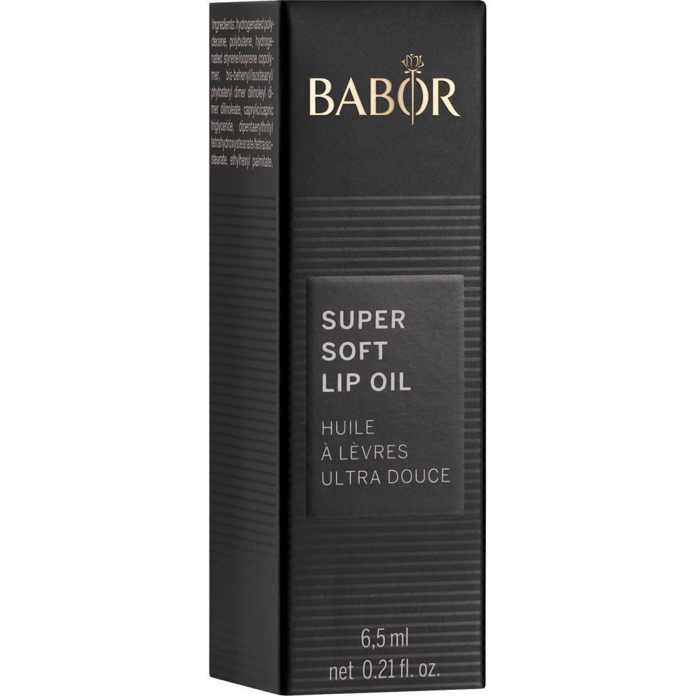 Zwarte verpakking met productinformatie. Opschrift: BABOR, SUPER SOFT LIP OIL, 6,5 ml.