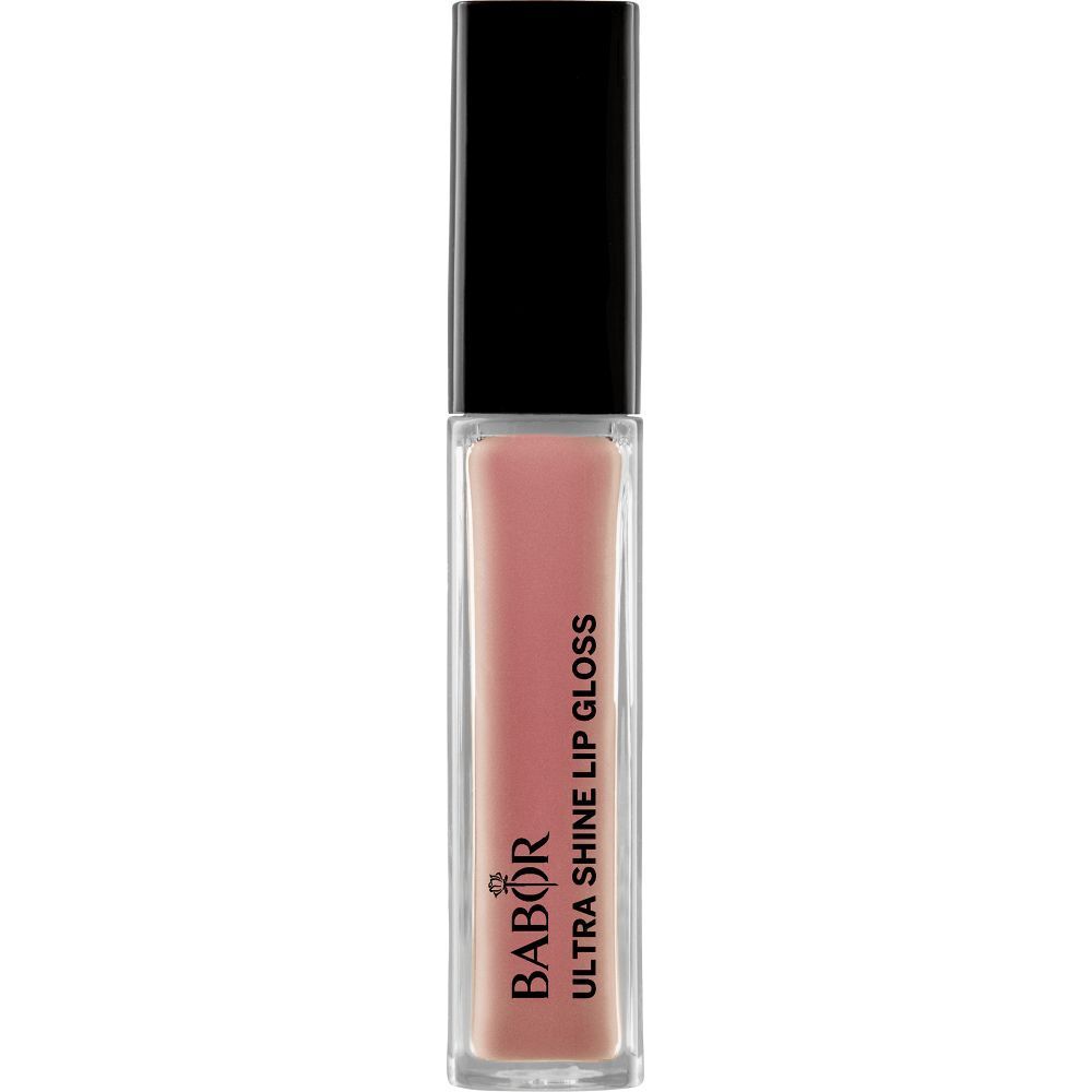 Babor Ultra Shine Lip Gloss. Transparante tube met zwarte dop. Roze inhoud. Opschrift: Ultra Shine Lip Gloss.