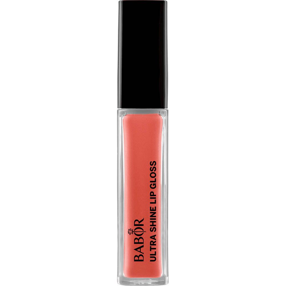 Babor Ultra Shine Lip Gloss 05 Rose of Spring. Roze lipglossflesje met zwarte dop. Productnaam en merk zichtbaar.