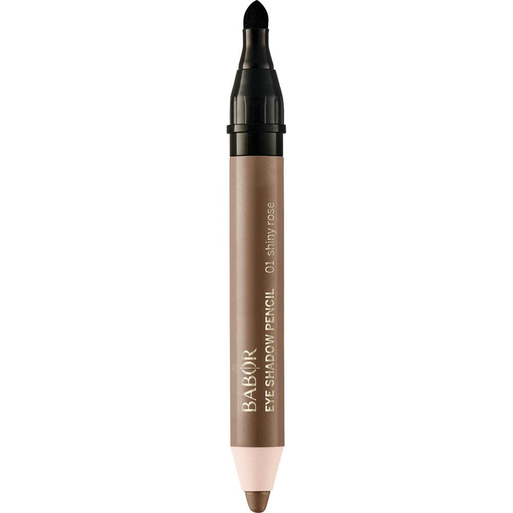 Dubbele oogschaduwstift. Bruin-beige stift met zwarte dop. Opschrift: Babor Eye Shadow Pencil 01 shiny rose.