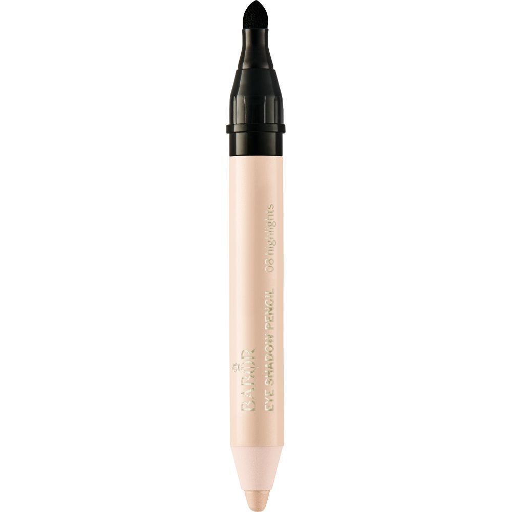 Lichtbeige oogschaduwpotlood met zwarte dop. Opschrift: Eye Shadow Pencil 08 Highlights.
