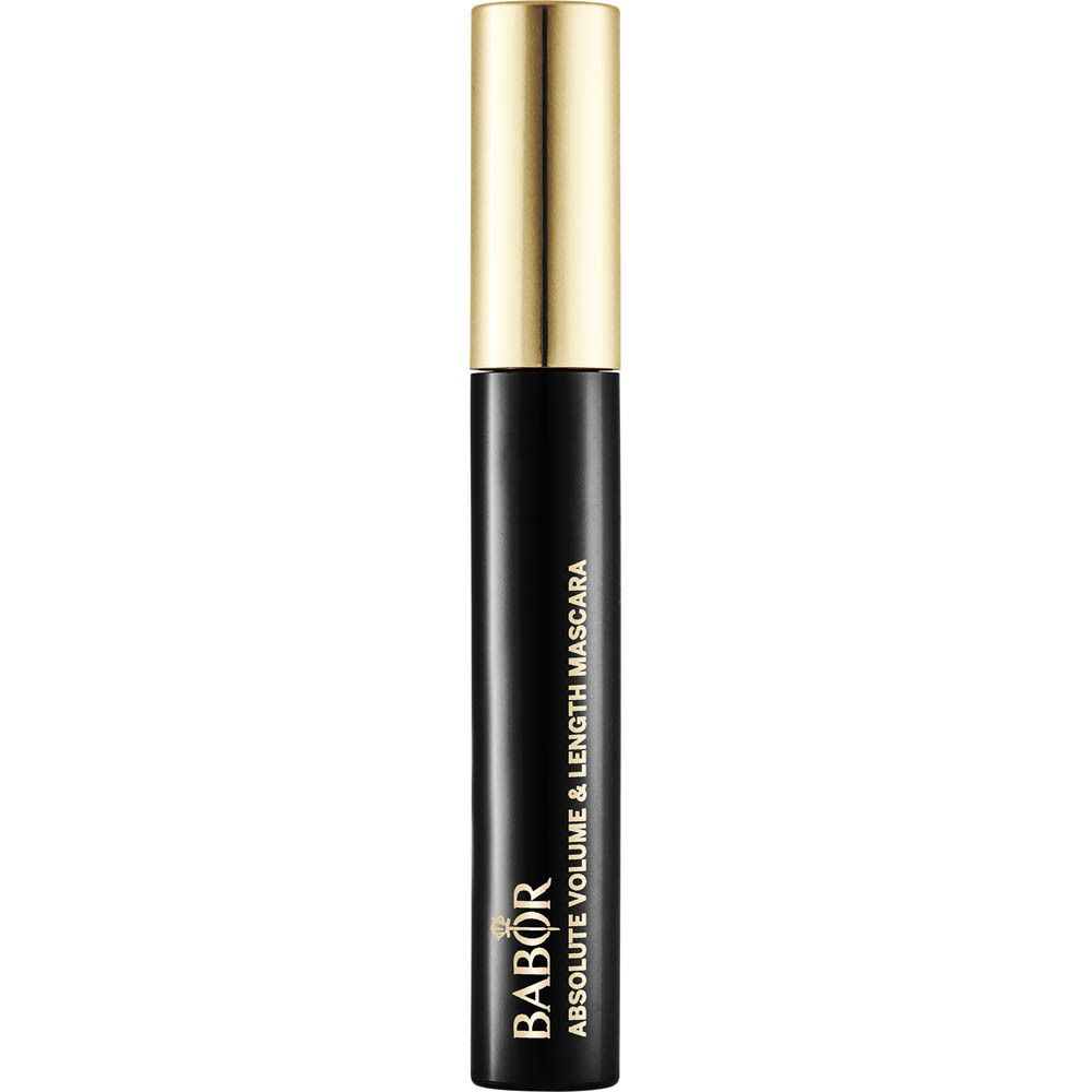 Zwarte mascara-tube met gouden dop. Opschrift: Babor Absolute Volume & Length Mascara.