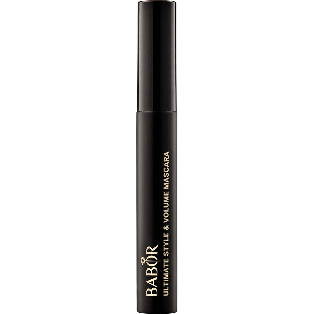 Zwarte mascara-tube met tekst. Merk: Babor. Product: Ultimate Style & Volume Mascara.